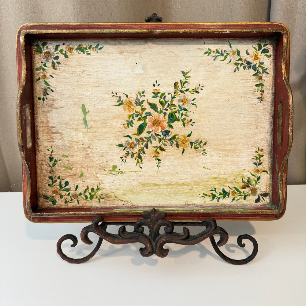 Vintage Italian Florentine Wood Tray Hand Painted Floral Gilt Red Gold 15x11‎